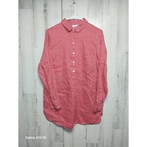J. JILL LOVE LINEN CORAL PINK ROLLTAB LONG SLEEVE 1/2 BUTTON-UP BLOUSE, SIZE S